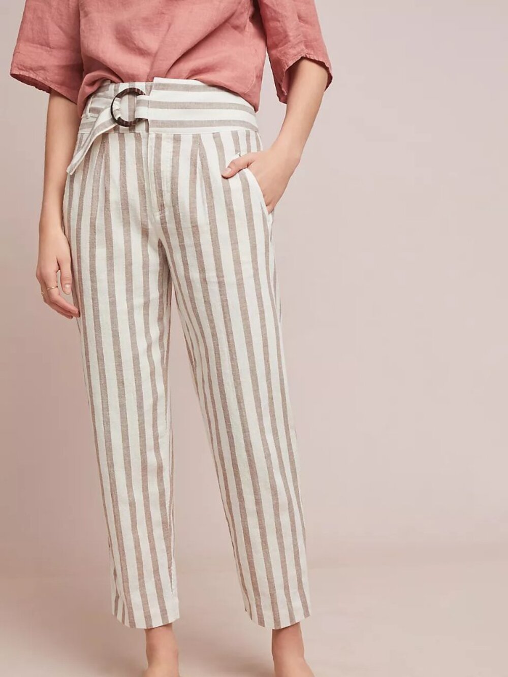 Anthropologie Oasis Striped Linen Blend Pants with D-Ring Belt EUC, Size 16